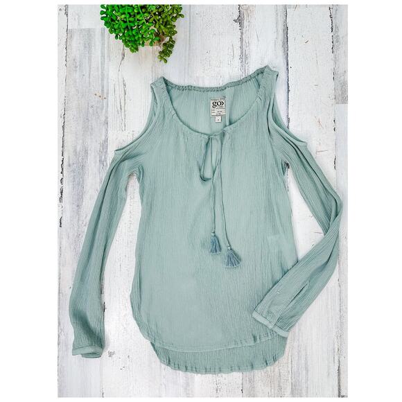 Go> by Gosilk Light Teal Cold Shoulder Washable Silk Peasant Top - Picture 5 of 7